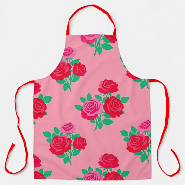 Rose rouge audacieuse sur tablier rose vibrant (Recto)