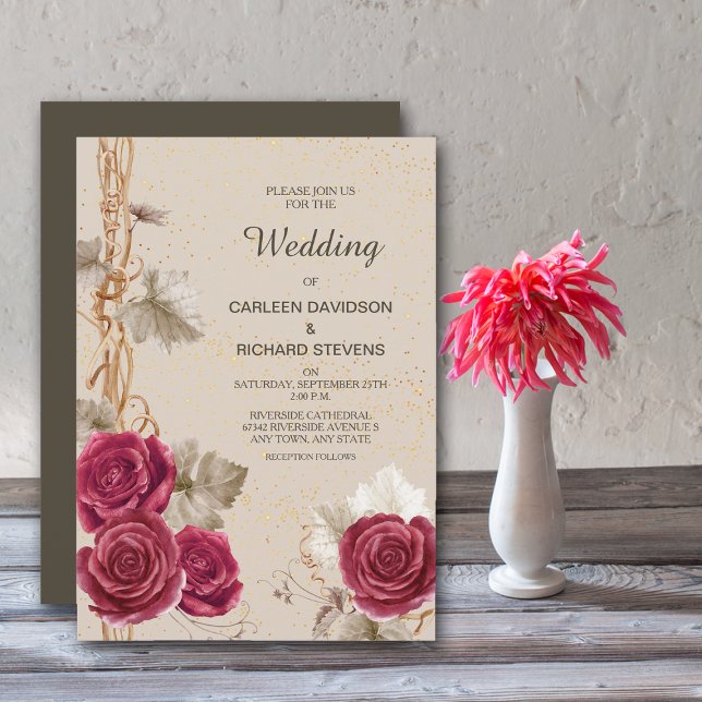 Rose rouge classique et Faire-part de mariage vign (Créateur téléchargé)