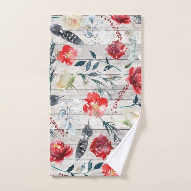 Rose Rouge Et Blanc Plumes Motif En Bois (Serviette à main)