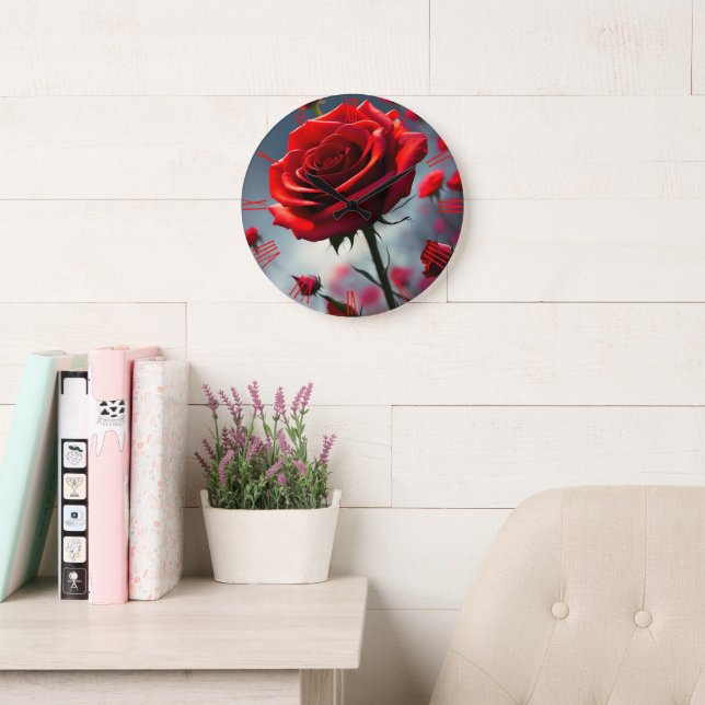 Rose Rouge Et Bufs, Horloge Mur (Salle de lecture)
