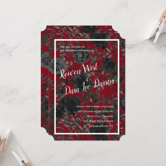 Rose rouge et noir Invitations de mariage gothique (Devant/Arrière en situation)