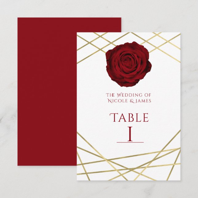 Rose Rouge & Lignes Dorées Numéro de Table Floral  (Devant / Derrière)