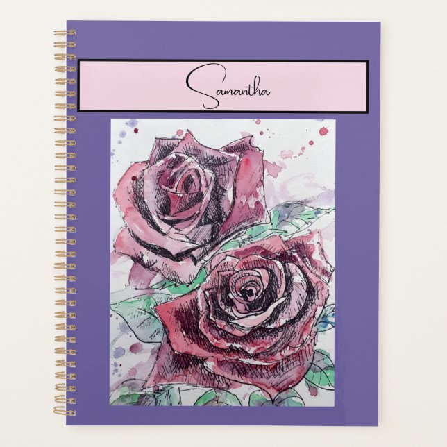 Rose rouge Roses Fleur Aquarelle Florale Art viole (Devant)