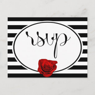 Rose rouge sur Black White Stripes Mariage Carte R