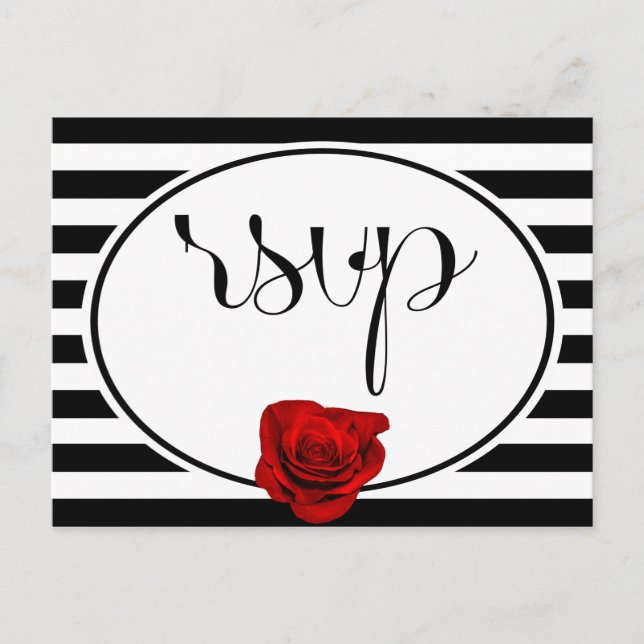Rose rouge sur Black White Stripes Mariage Carte R (Devant)