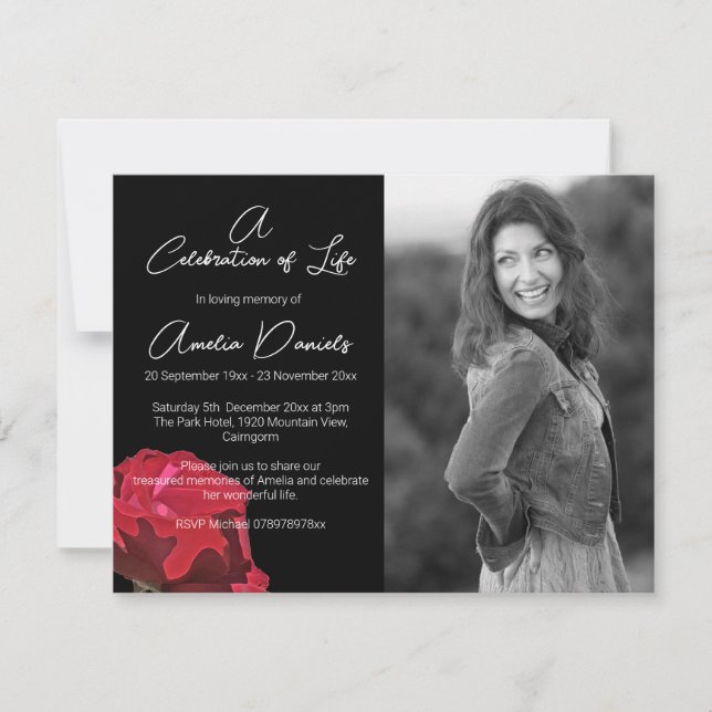 Rose rouge sur carte de célébration de la vie noir (Devant)