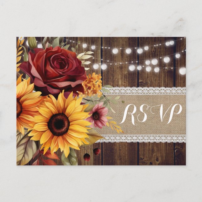 Rose rouge tournesol rustique mariage RSVP carte p (Devant)