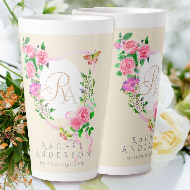 Rose Ruban Chic Monogramme Beige Latte Mug (Pink Rose Monogram Latte Mug.)