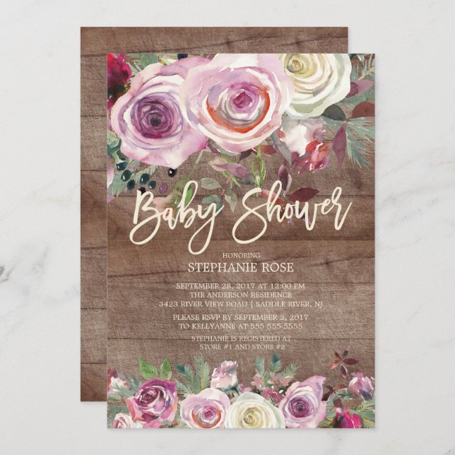 Rose Rustique violet Baby shower Floral Invitation (Devant / Derrière)