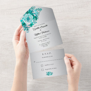 Rose Silver Aqua tout en un Faire-part de mariage