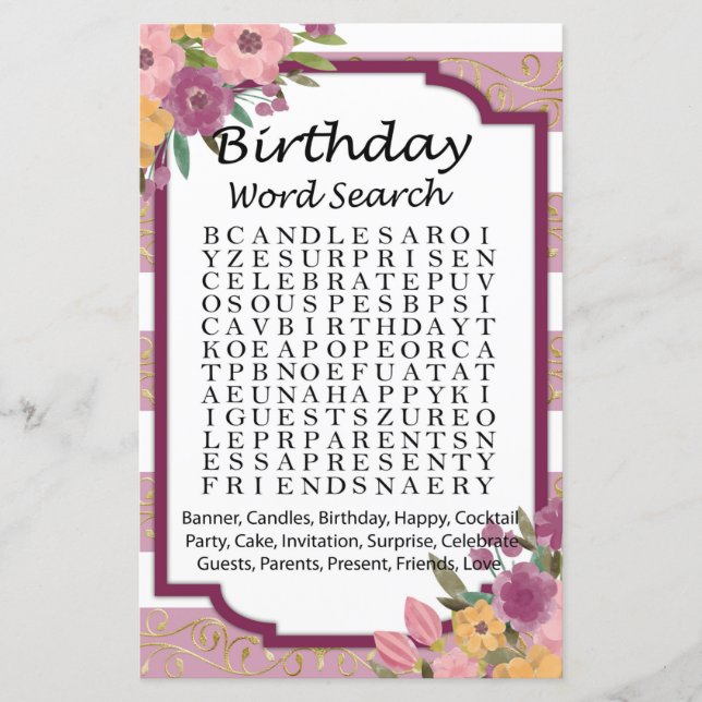 Rose Stried Anniversaire jeu de recherche par mot (Devant)