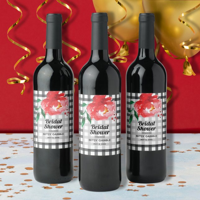 Rose sur des étiquettes de vin à carreaux noir et  (Red rose on black and white gingham bridal shower wine bottle labels)