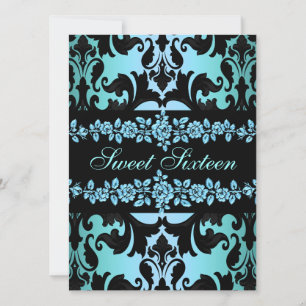 Rose Sweet16 Damask bleu Invitation d'anniversaire