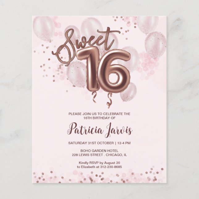 Rose Sweet 16 Ballons Anniversaires Invitations Bu (Devant)
