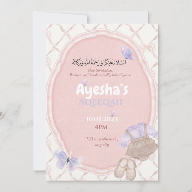 Rose teintes bébé fille Aqeeqah Invitation (Devant)