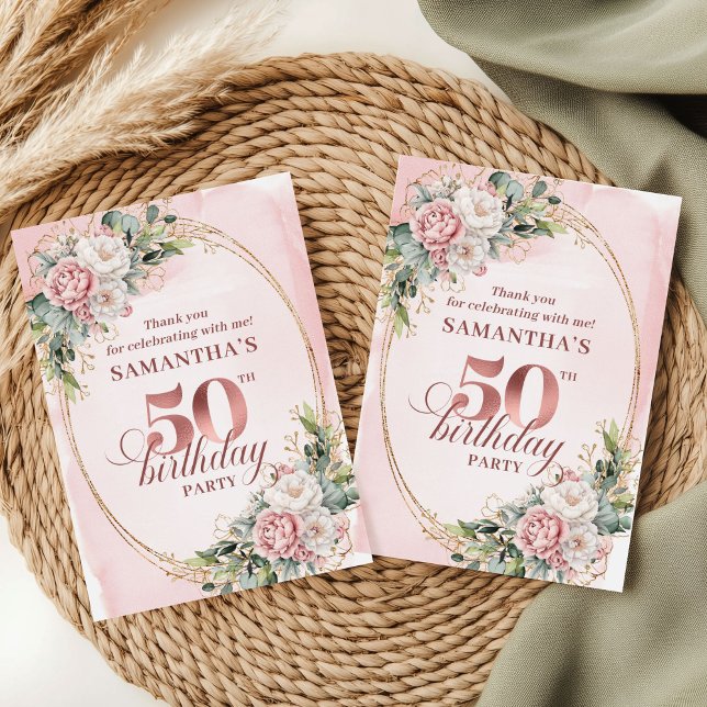 Rose Tendre Verte 50e Anniversaire Merci  (Chic Blush Pink Greenery 50th Birthday Thank You Card)