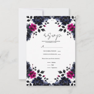 Rose vif et floral aquarelle bleu encre RSVP