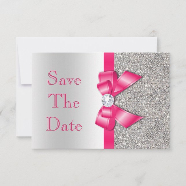 Rose vif faux noeud et diamants Save The Date (Devant)
