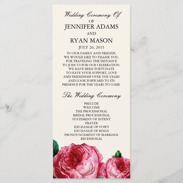 Rose vintage | Carte rack du programme de mariage (Devant)