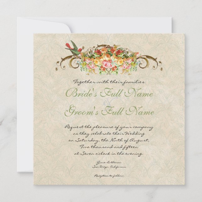 Rose vintage en oiseaux, Faire-part de mariage (Devant)