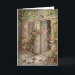 Rose vintage Garden Cottage Carte de voeux vierge<br><div class="desc">Cette illustration vintage d'une porte recouverte de rose ne manquera pas de leur faire sourire,  quelle que soit l'occasion. Idéal pour les amateurs de fleurs,  les jardiniers et les nouveaux propriétaires.</div>