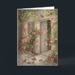 Rose vintage Garden Cottage Carte de voeux vierge<br><div class="desc">Cette illustration vintage d'une porte recouverte de rose ne manquera pas de leur faire sourire,  quelle que soit l'occasion. Idéal pour les amateurs de fleurs,  les jardiniers et les nouveaux propriétaires.</div>
