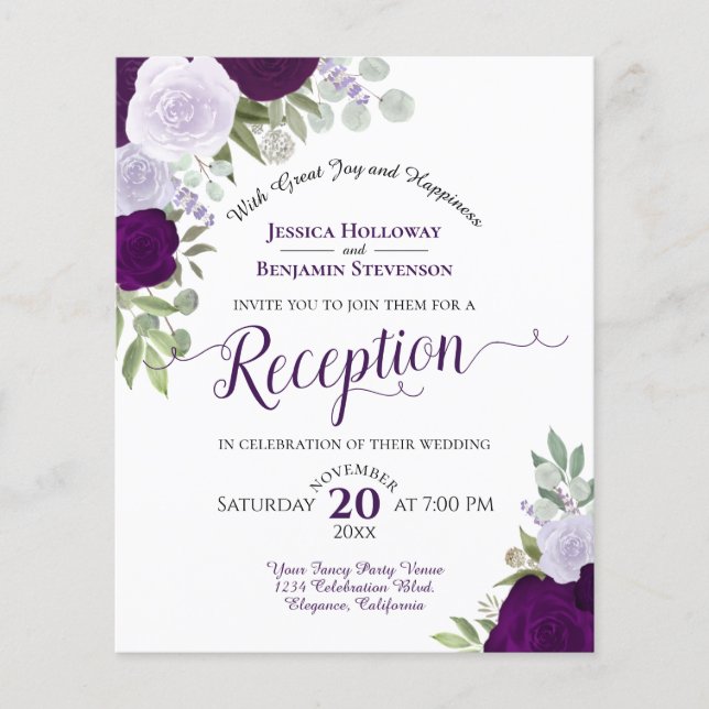 Rose Violet Budget Mariage Réception invitation (Devant)