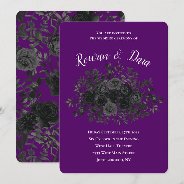 Rose violet et noir Invitations de mariage gothiqu (Devant / Derrière)