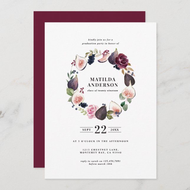 Rose, violet, marine floral faire-part (Devant / Derrière)