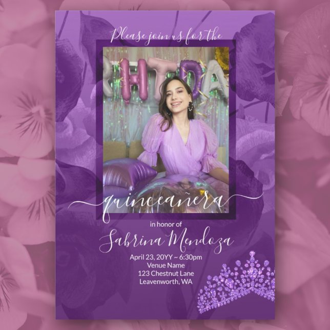 Rose violet Quinceanera Photo Invitation (lavender, lilac purple quinceanera, purple gemstone tiara purple birthstone mis quince 15th 15 anos)