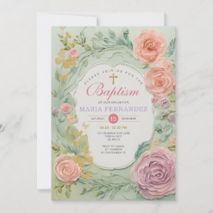 Rose violet verdure filles Baptême Invitation