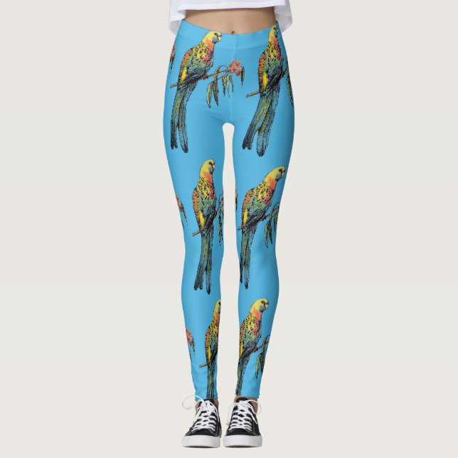 Rosella Parrot Aquarelle Bleu Leggings d'oiseaux (Devant)