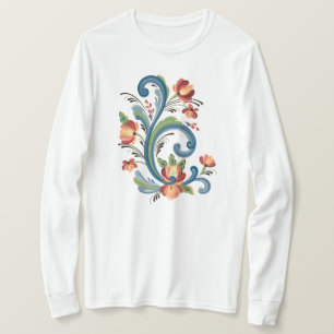 Rosemaling en T-shirt bleu et rouge