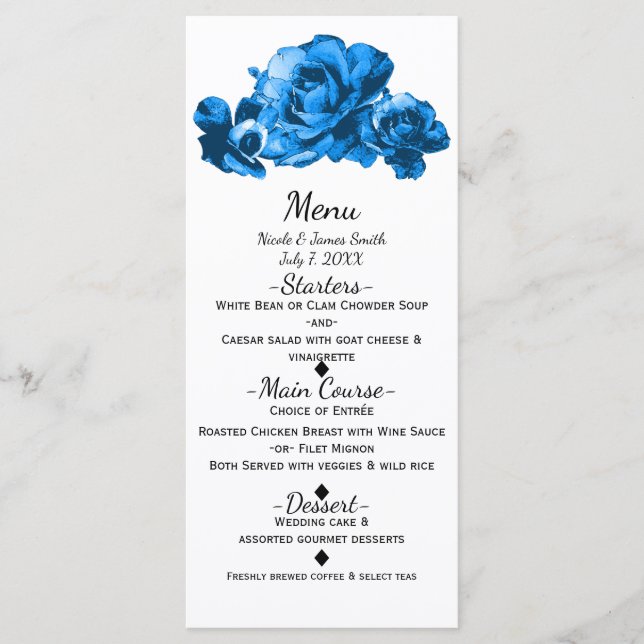 Roses Aquarelle Bleue Menu De Mariage Élégant (Devant)