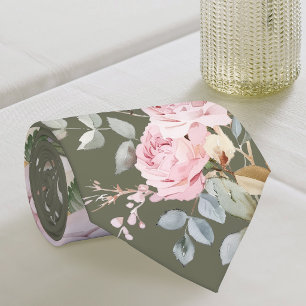 Roses aquarelle sur cravate vert olive