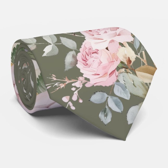 Roses aquarelle sur cravate vert olive (Roulé)