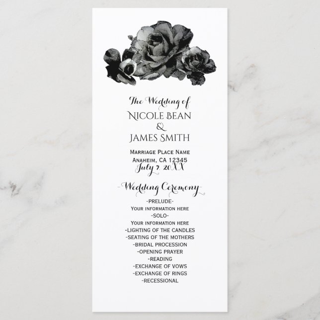 Roses Aquarelles Noires Programme De Mariage Éléga (Devant)