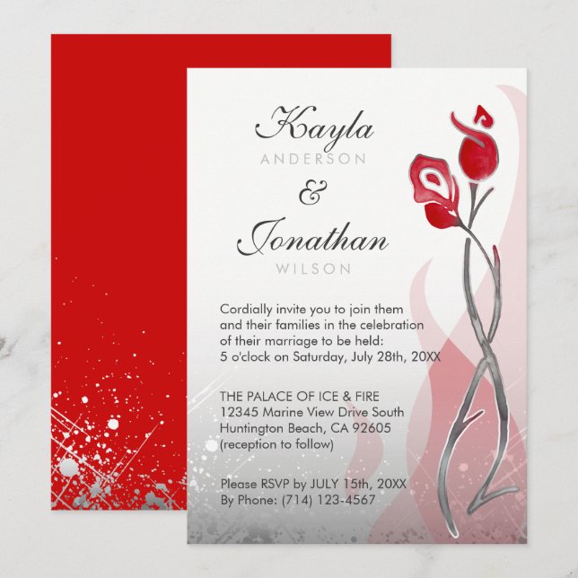 Roses argentés rouges des invitations | de mariage (Devant / Derrière)