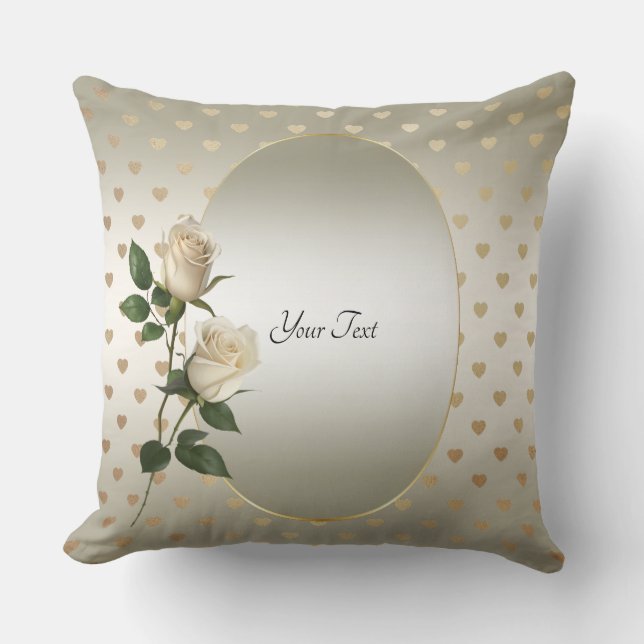 Roses blanches Coeurs d'or Jeter Oreiller (Recto)