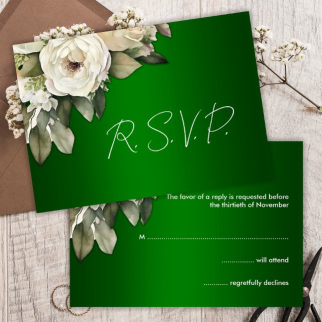 Roses blanches élégantes et vert émeraude RSVP (Créateur téléchargé)