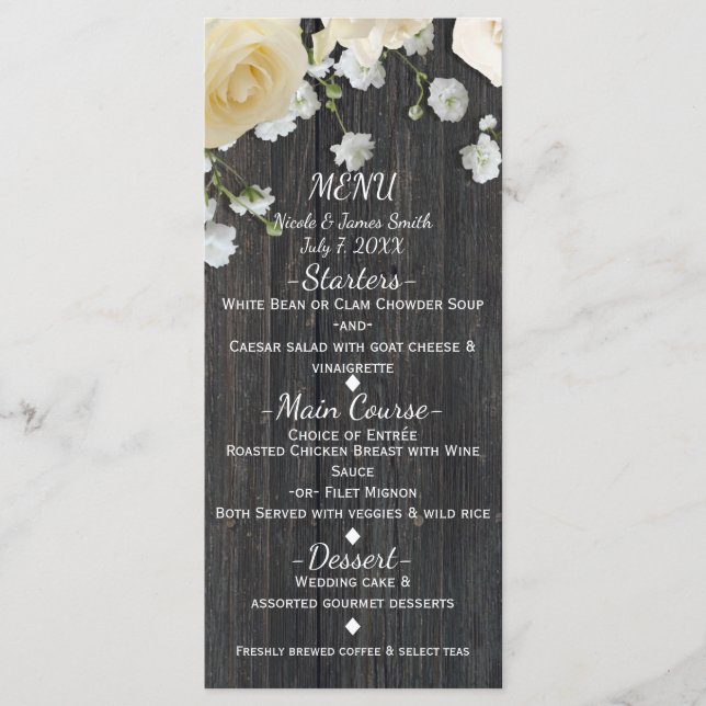 Roses blanches et gypsophile sur menu de mariage e (Devant)