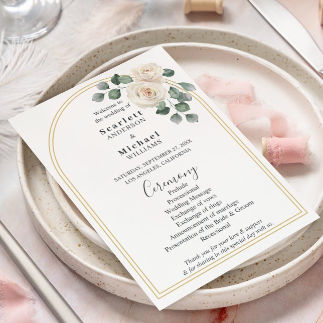 Roses blanches Printemps Floral Mariage Romantique (Angled view watercolor white roses garden vintage gold and white elegant luxury wedding program)