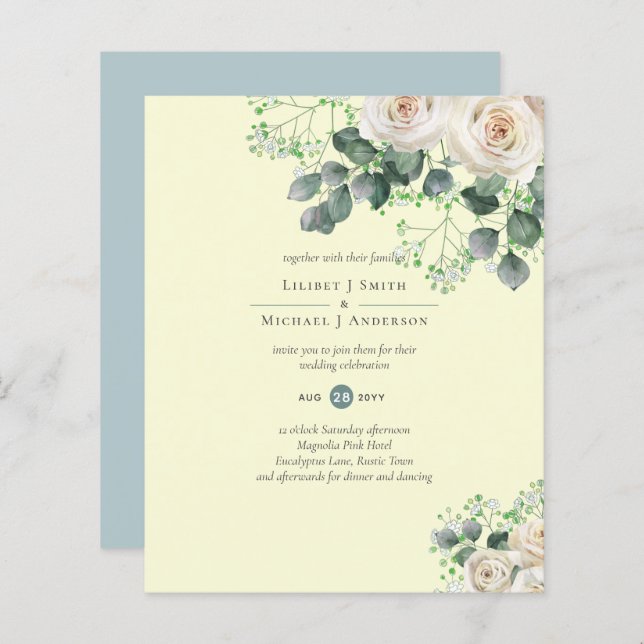 Roses blanches Sage Eucalyptus Citron MARIAGE jaun (Devant / Derrière)