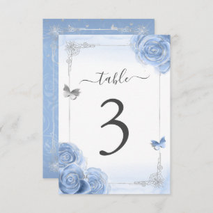 Roses Bleu Argent Élégant Numéro de table Carte