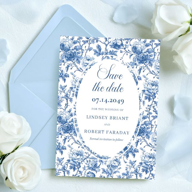 Roses Bleues Classiques Toile Faire-Part de Mariag (Classic Blue Roses Toile Save the Date Wedding Card)