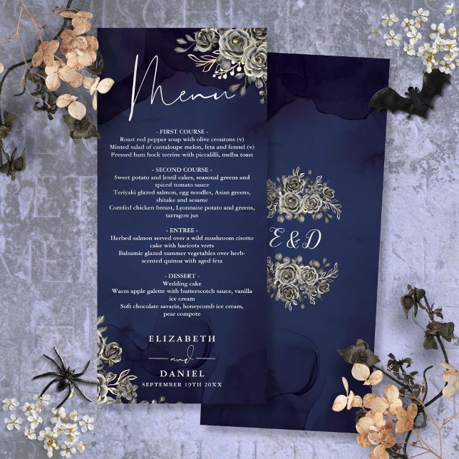 Roses Bleues de Minuit Menu Floral de Mariage Goth (Midnight Blue Roses Floral Gothic Wedding Dinner Menu)