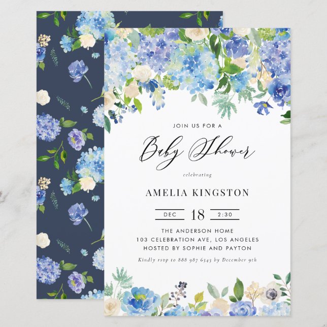 Roses bleus et Baby shower Hydrangea Invitation (Devant / Derrière)