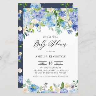 Roses bleus et Baby shower Hydrangea Invitation