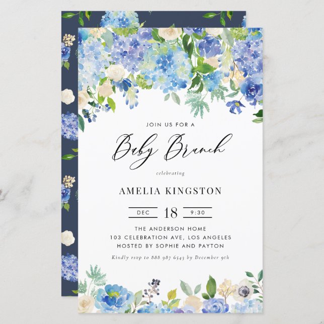Roses bleus et Hydrangea Baby Brunch Invitation (Devant / Derrière)