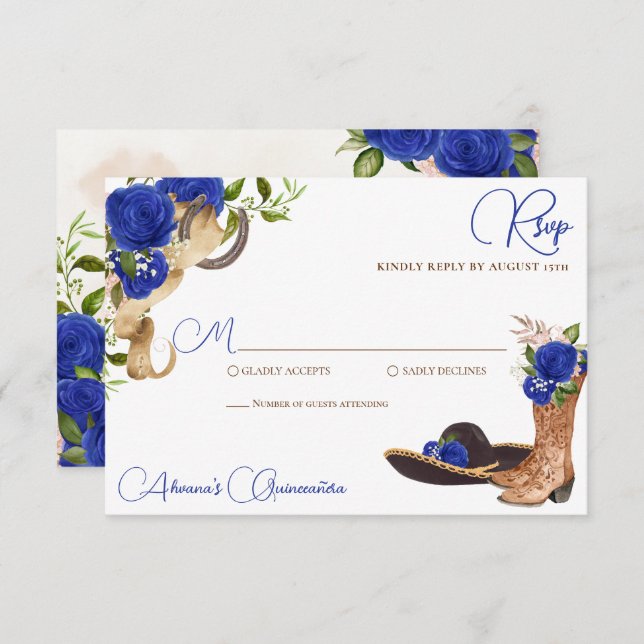 Roses Bleus Vintage Charro Quinceanera Ouest RSVP (Devant / Derrière)